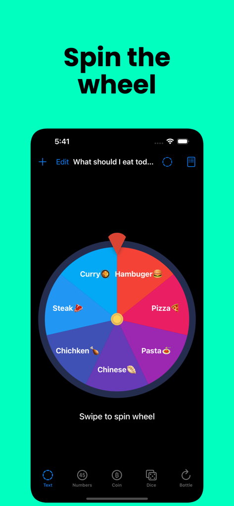 Random GameBox, Spin the wheel - Una interfaz colorida de girar la ruleta en la aplicación Random GameBox con varias opciones de comida para tomar decisiones.