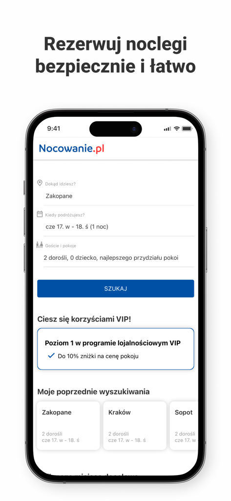 Nocowanie.pl Mobile App-Oberfläche, die Optionen zur Unterkunftssuche und VIP-Mitgliederrabatte anzeigt