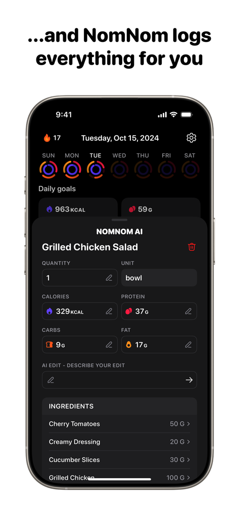 NomNom AI - Calorie Tracker - Interfaccia del contatore calorico NomNom AI che mostra un registro dettagliato dei pasti per un'insalata di pollo alla griglia inclusa la ripartizione dei macro nutrienti.