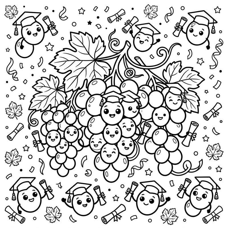 Mark the milestone of achievement with this utterly charming coloring page, showcasing happy grape clusters dressed in graduation caps and holding diplomas. It's an imaginative and joyful way to honor a graduate's hard work and dedication.