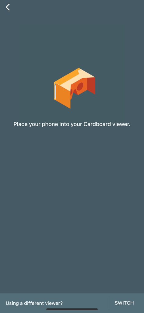Google Cardboard app setup screen with instructions to place phone into the viewer