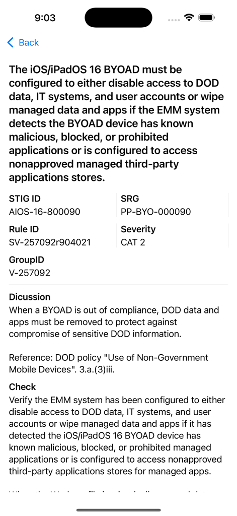 Universal STIG Browser - Universal STIG Browser 앱의 iOS 16에 대한 CAT 2 보안 규칙의 상세 보기
