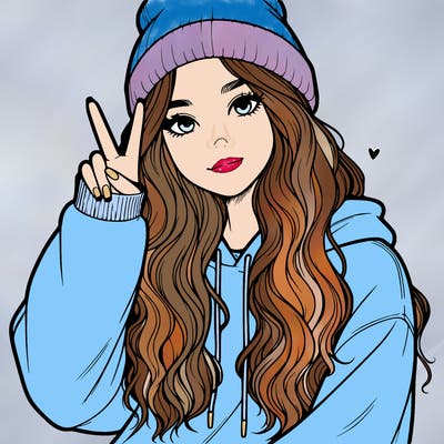 a teenage girl in a beanie, oversized sweatshirt, wavy long hair, and is showing a ✌️