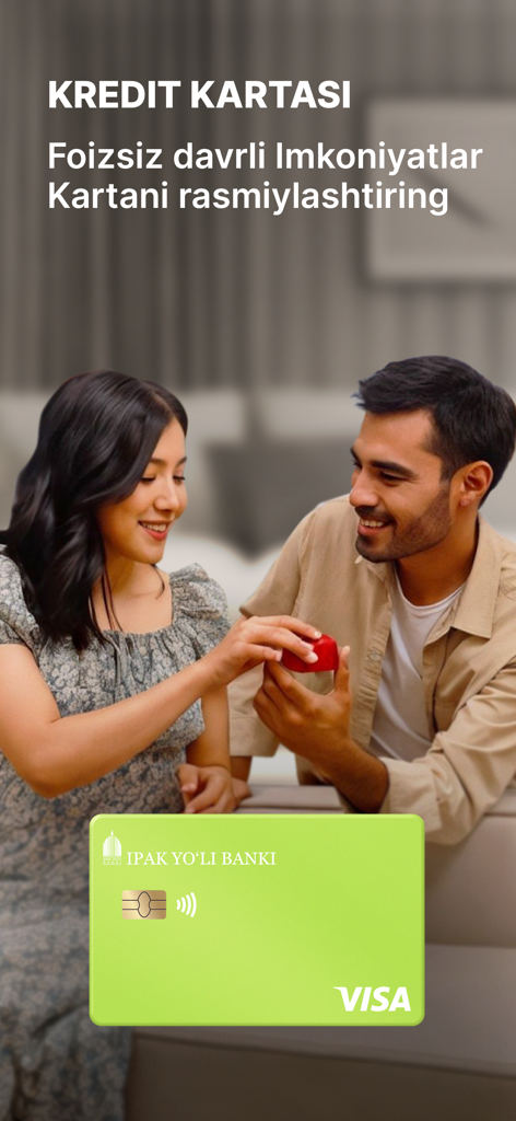 Ipak Yuli Bank credit card promotion with a smiling couple and a green Visa card