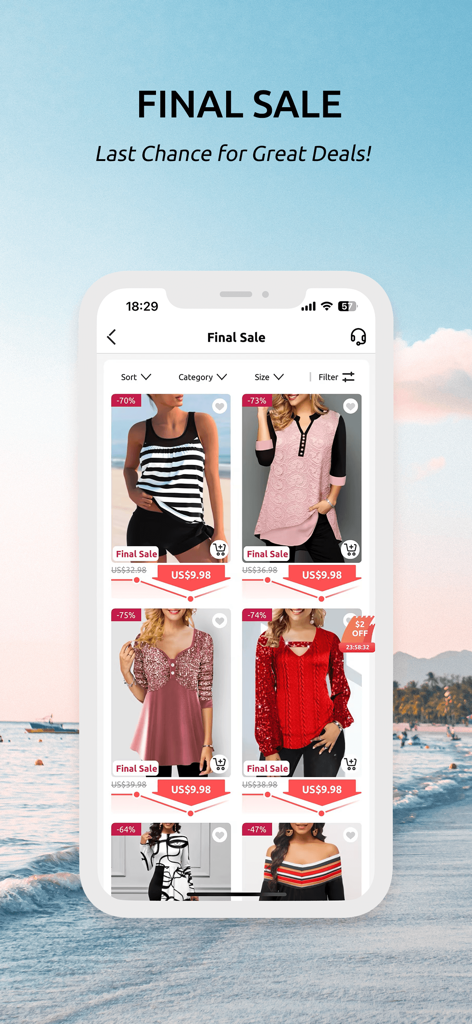 Rotita - Online Shopping - Rotita fashion app displaying a final sale page with discounted women's clothing and swimwear.