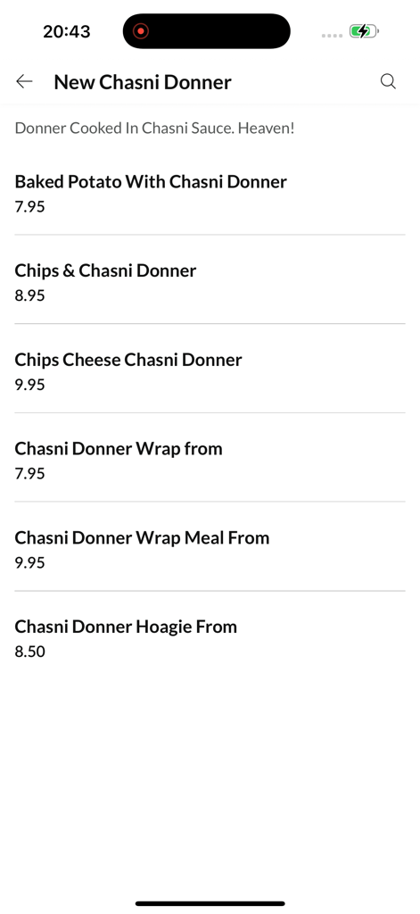 Caffe Lavena Newmains - A list of Chasni Donner menu items and prices in the Caffe Lavena Newmains mobile app