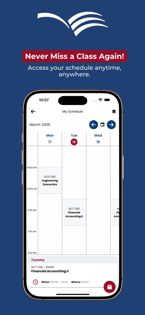 Aplicativo móvel USEK Oficial exibindo a grade de aulas semanal de um aluno com títulos de cursos como Economia de Engenharia e Contabilidade Financeira