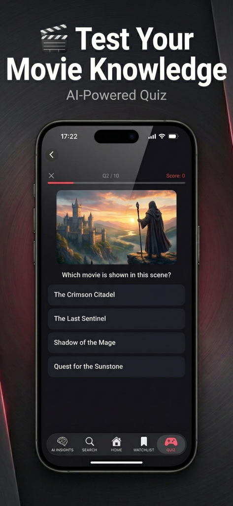 Super cine : Movies & TV Shows - Tela de quiz de curiosidades de filmes do aplicativo Super cine mostrando uma pergunta de identificação de cena com opções de múltipla escolha