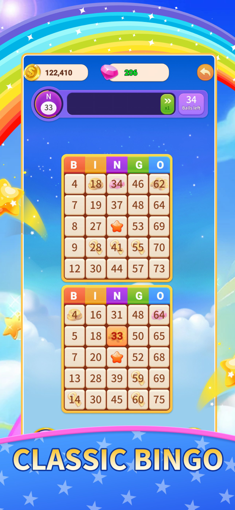 Millionaire Game - Bingo - Pantalla de juego de Millionaire Game Bingo mostrando dos tableros de bingo sobre un fondo de arcoíris colorido