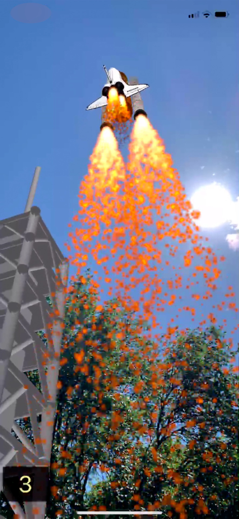 Space Shuttle AR - Augmented reality simulation of a space shuttle launching into the sky with fire and smoke effects
