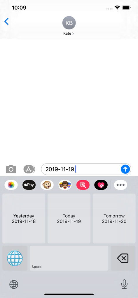 Interfaz del teclado personalizado ISO 8601 que muestra botones de fecha rápida para Ayer Hoy y Mañana