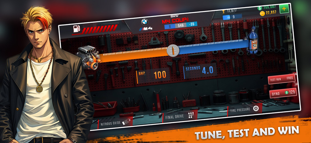 Nitro Speed: Drag Racing NS - Interfaz de ajuste de coches en Nitro Speed Drag Racing NS mostrando mejoras de motor y nitro para un BMW M4 Coupé