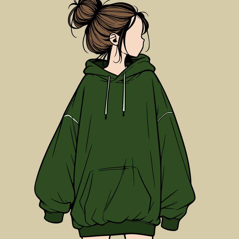realistic girl with a oversized sweatshirt on and a bun