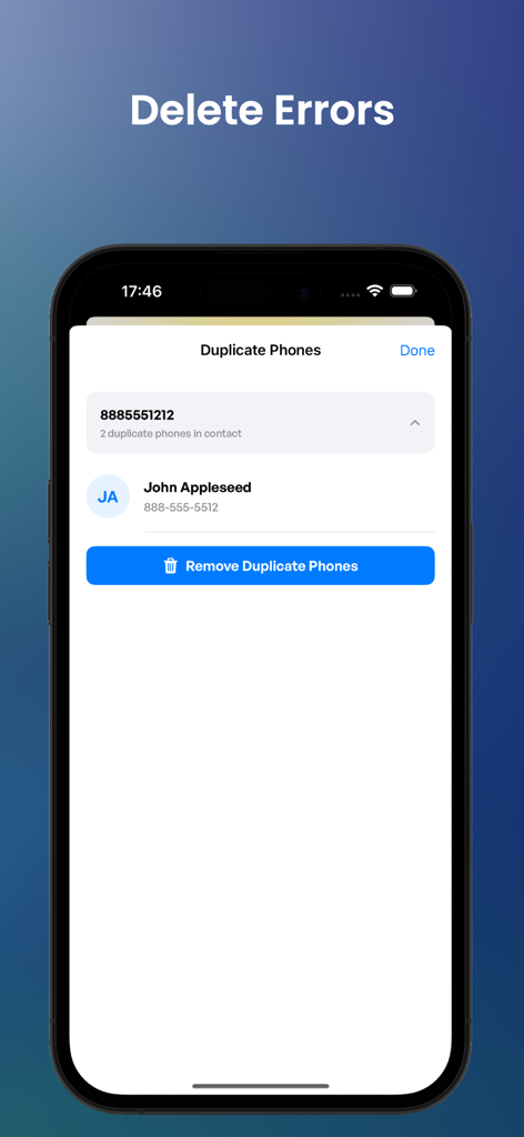 Interface do aplicativo de Backup de Contatos mostrando a opção de remover números de telefone duplicados de um contato