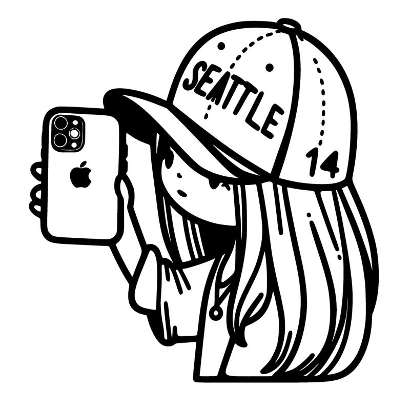 a girl with a seattle hat with an iphone 14