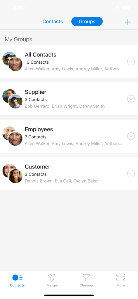 Easy Caller ID - Interface showing organized contact groups in the Easy Caller ID app