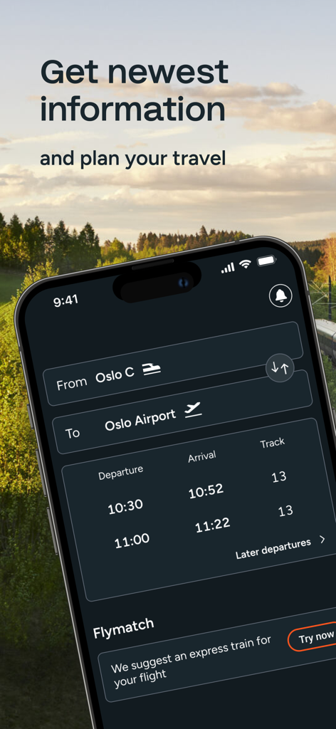 Flytoget App-Oberfläche mit Echtzeit-Zugabfahrten zwischen dem Bahnhof Oslo Zentral und dem Flughafen Oslo