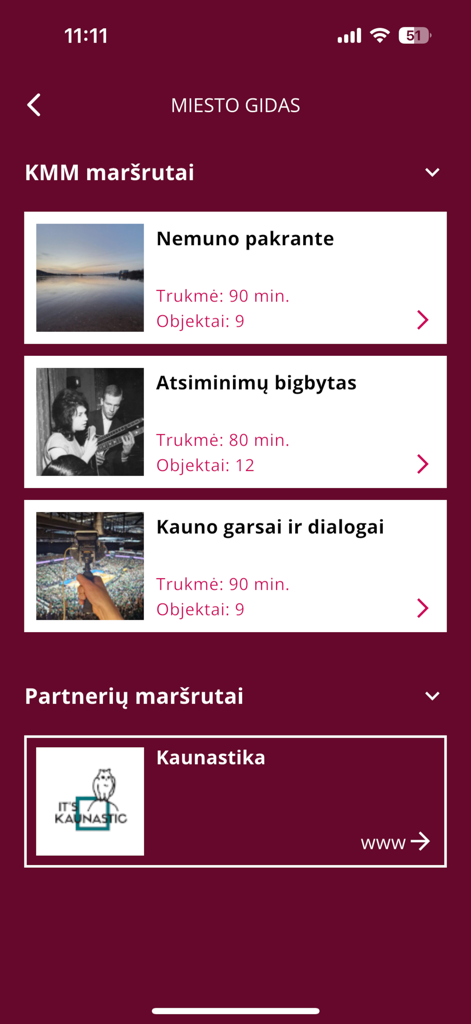 KMM - A mobile app interface from KMM showing a list of themed walking routes through the city of Kaunas