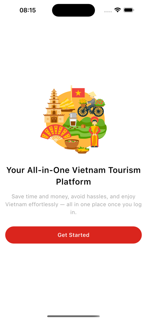 Vietnam Immi - Vietnam Immi app onboarding screen with a colorful illustration of Vietnamese culture and a Get Started button.