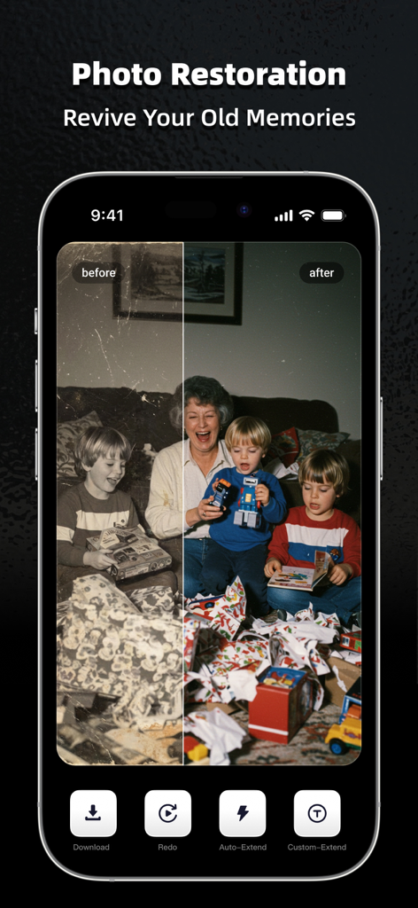 A before and after comparison of an old family photo being restored using the AI Marvels photo restoration tool.