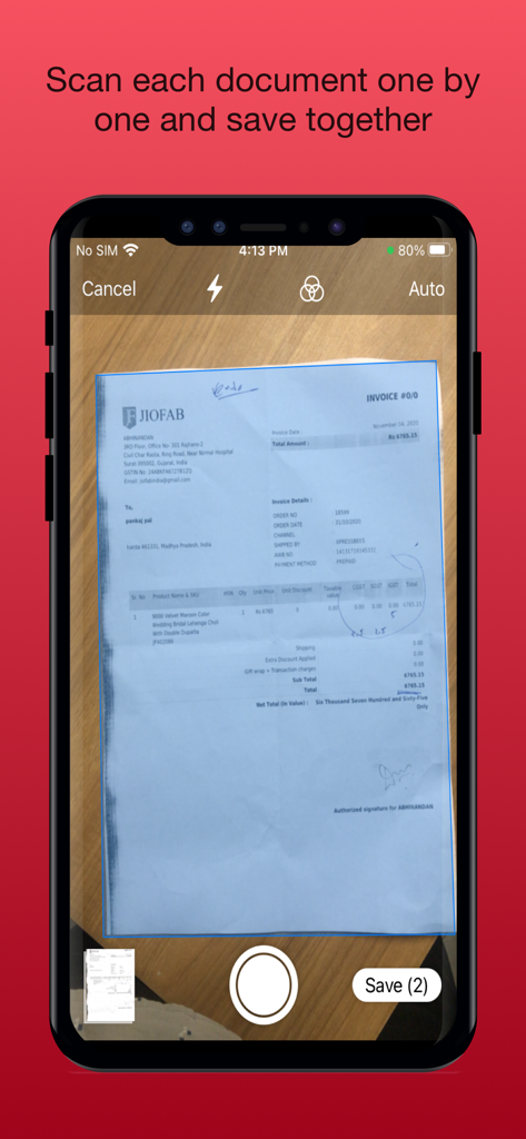ScanCopy: PDF Editor Converter - Pantalla del iPhone mostrando la aplicación ScanCopy escaneando un documento en papel para crear un PDF de varias páginas