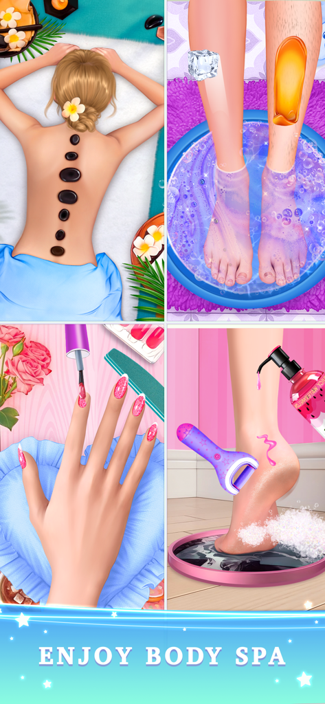 Spa BFF Makeover Dress Up Game - Collage of spa activities including hot stone massage waxing manicure and pedicure in a makeover game