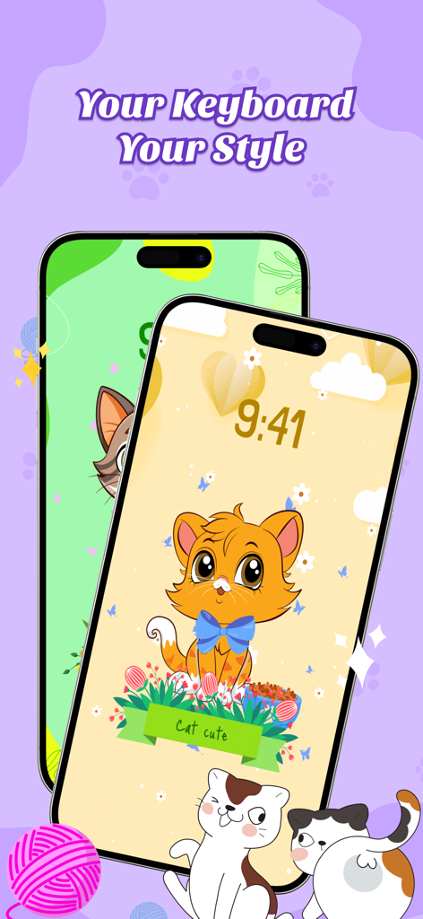 Cat Keyboard - Cute Kitty Skin - Dos teléfonos móviles que muestran fondos de pantalla de gatos lindos y temas de teclado personalizados.