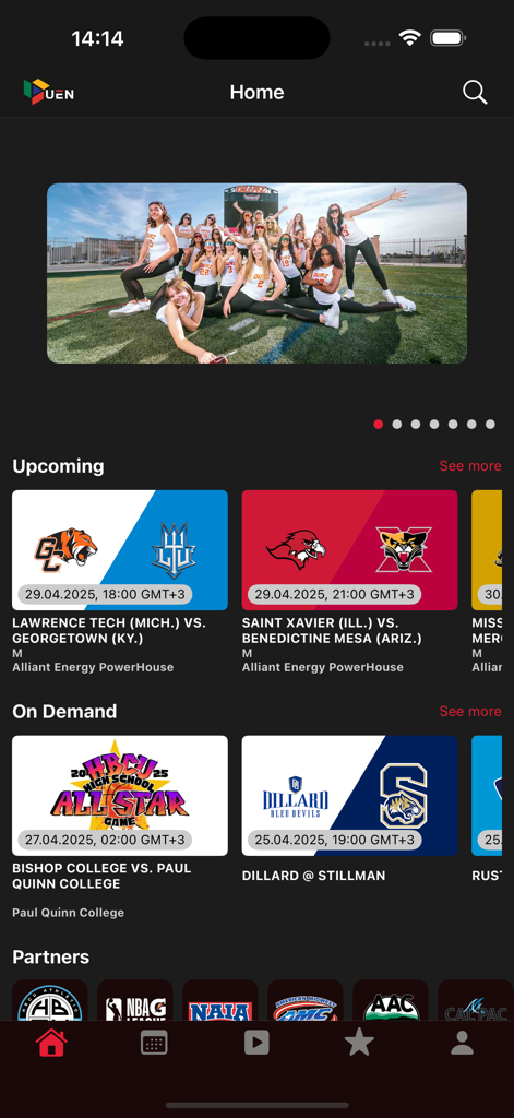 Urban Edge Network | UEN - Home screen of the Urban Edge Network app featuring upcoming collegiate sports events and on-demand HBCU basketball games.