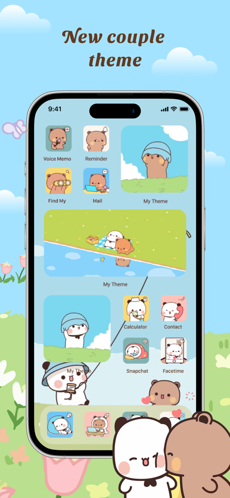 iPhone home screen with cute cartoon couple theme including custom icons and widgets from MyTheme app
