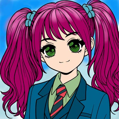 realistic girl with two ponytails and a suit on