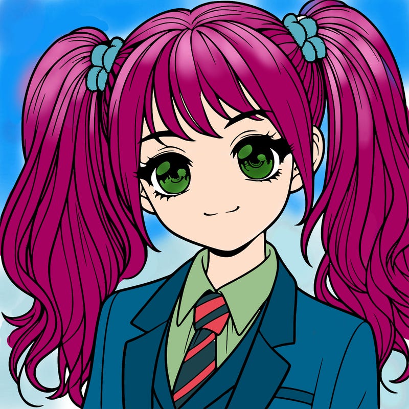 realistic girl with two ponytails and a suit on