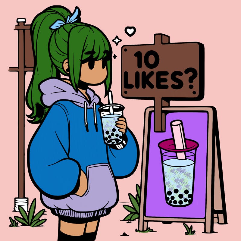 girl with oversized hoodie drinking boba and she has a high ponytail with a sign that says 10likes?