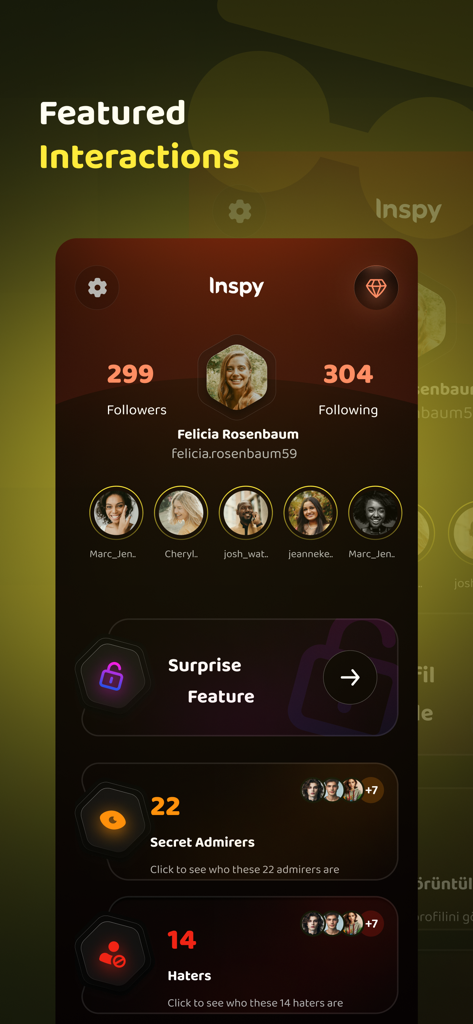 Mobile app interface of Reports by InSpy showing social media analytics for followers secret admirers and haters