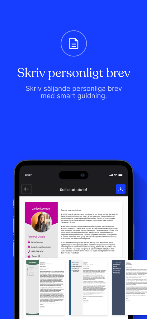 CV.se: Online CV maker - Mobile app interface for creating professional cover letters with AI templates.