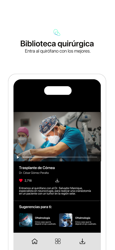 Medu - Interfaz de la aplicación Medu mostrando una biblioteca de videos quirúrgicos con un procedimiento de trasplante de córnea en reproducción por un cirujano profesional.