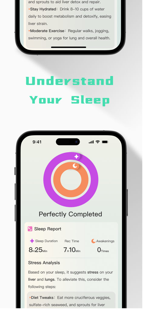 LemonHRV: Stress HRV for Watch - LemonHRVアプリのインターフェース、睡眠時間データと健康に関する推奨事項を表示