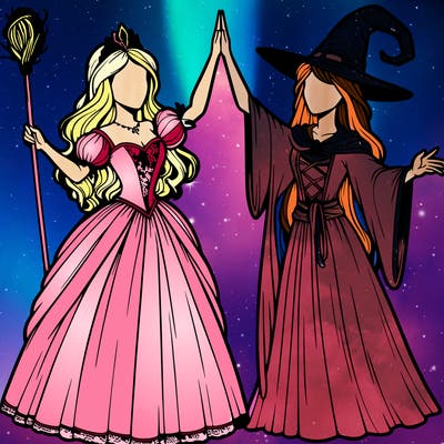 detailed realistic split of a princess and a witch