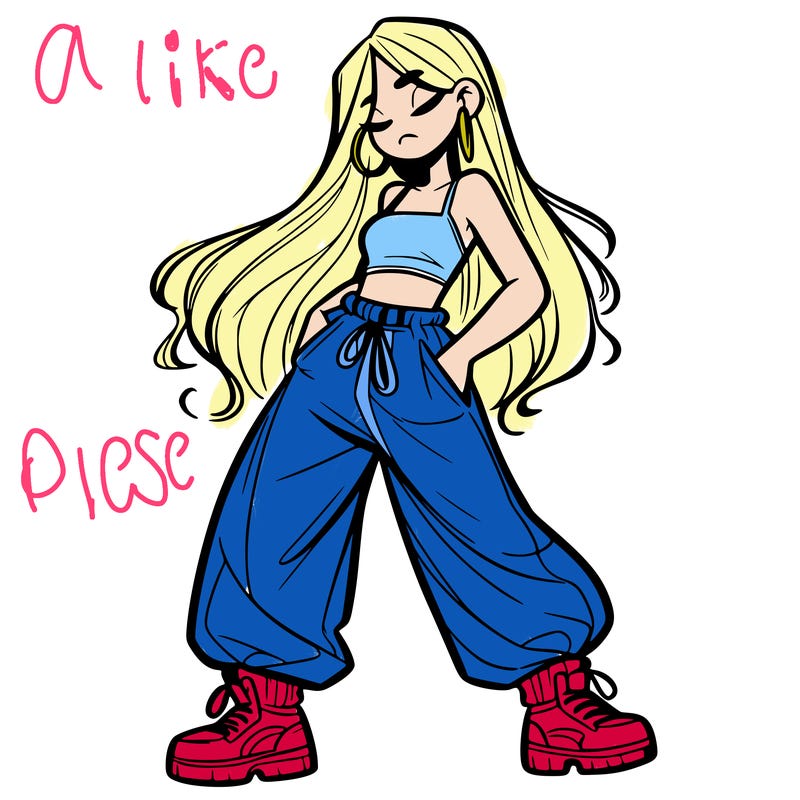 girl in baggy pants crop top and long hair