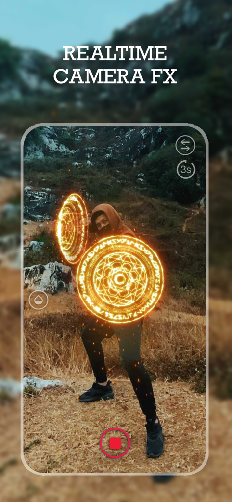 VFX Editor Video After Effects - リアルタイムで光る魔法陣エフェクトを使って動画を撮影するVFX Editorアプリを使用する人物