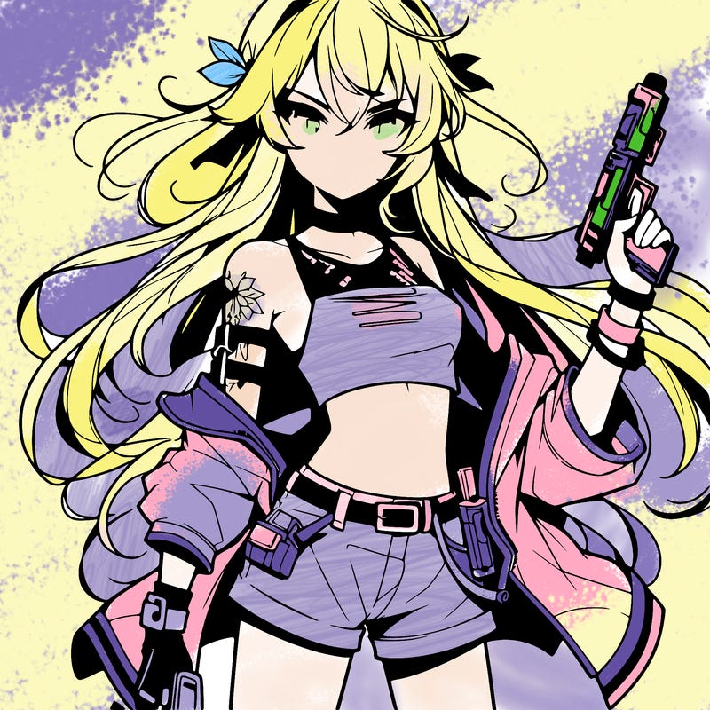 bad girl wearing crop top holding a gun long hair anime