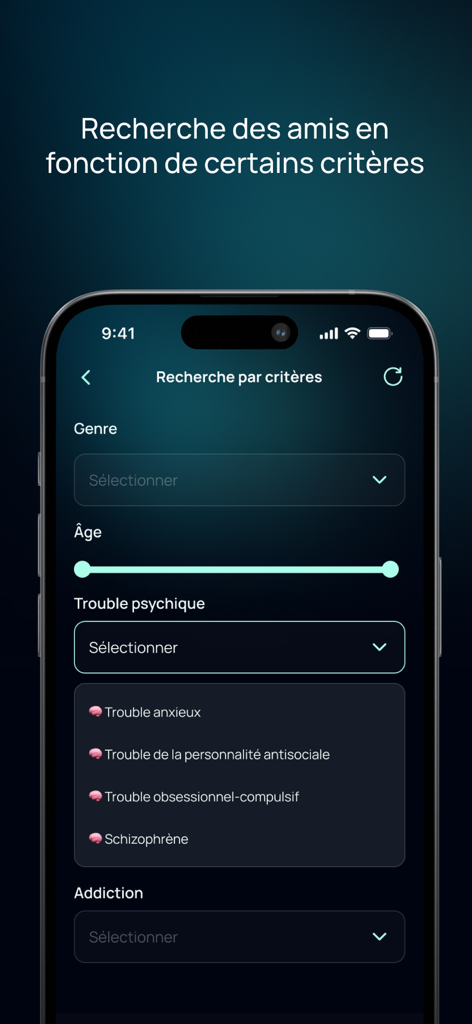 Talkity - Talkity App Suchbildschirm mit Filtern nach Alter und psychischen Störungen, um Peer-Support zu finden.