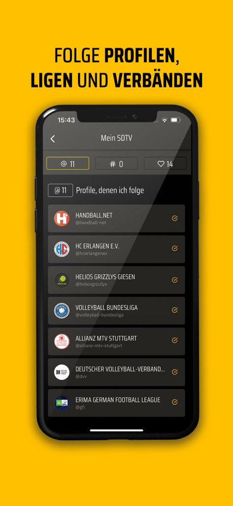 Sporteurope.TV app screen showing a list of followed German sports leagues and clubs including Handball and Volleyball