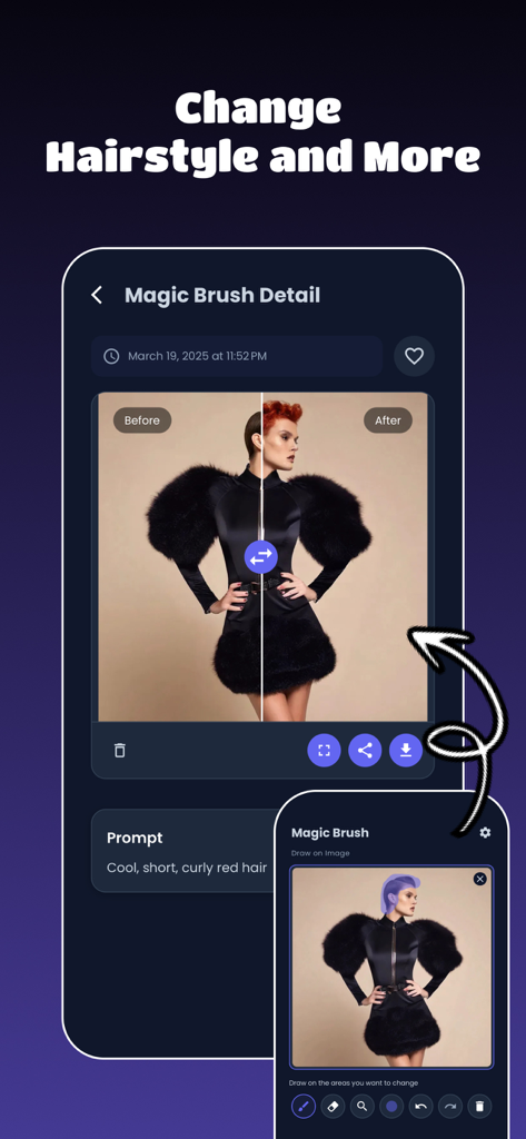 AI Clothes Changer: ReWear - Demostración de la herramienta Pincel Mágico IA cambiando un peinado en la app ReWear