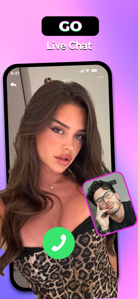 Hiohub - Meet，Video Calls - Hiohubモバイルアプリのライブビデオ通話画面。メインビューに女性、小窓に男性が表示されています。