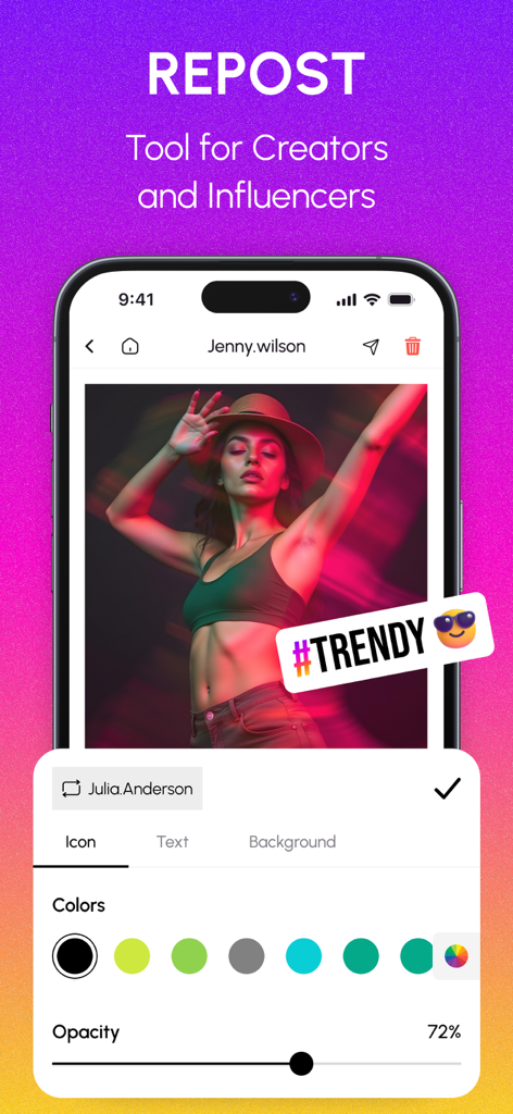 InstantSave app interface for reposting social media content with customization tools for creators