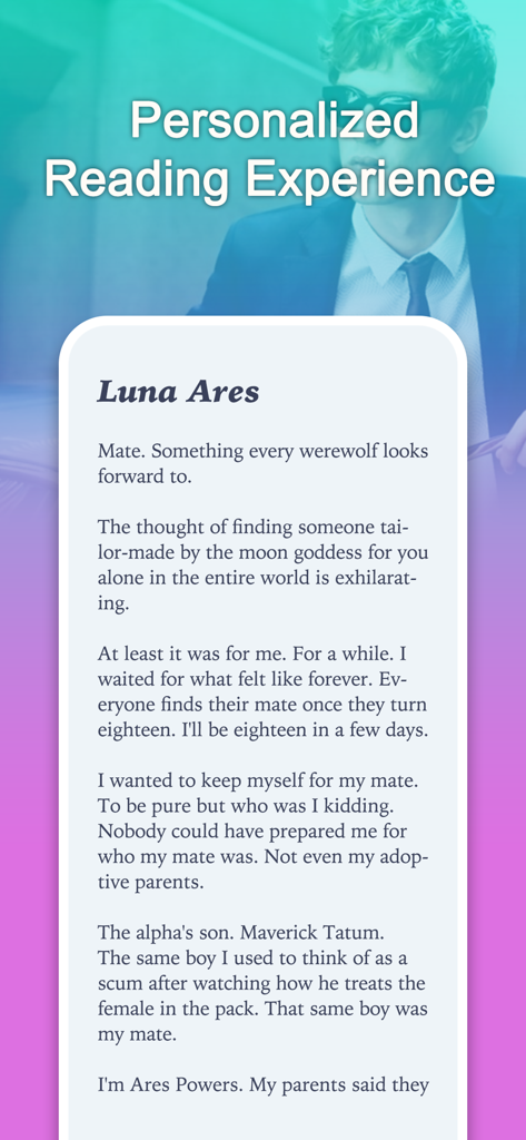 A mobile screen from the NovelCat app displaying a werewolf romance story titled Luna Ares with the headline Personalized Reading Experience.