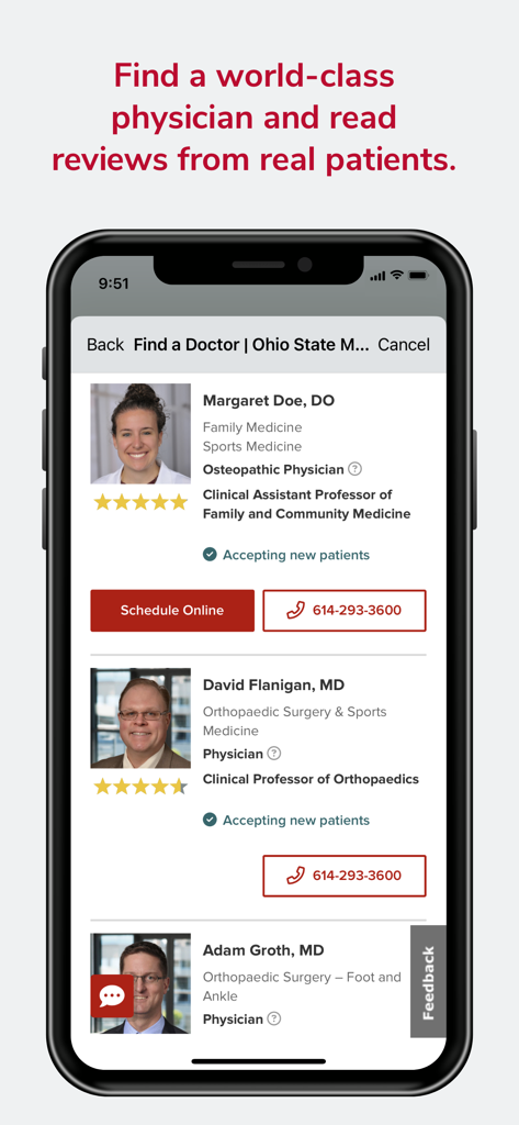 A search results screen in the Ohio State MyHealth app showing physician profiles with star ratings and booking options