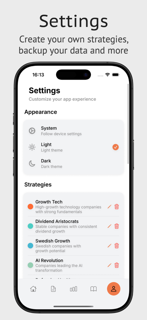 The Trading Journal App - Settings screen of The Trading Journal App showing appearance theme selection and a list of custom trading strategies like AI Revolution and Growth Tech