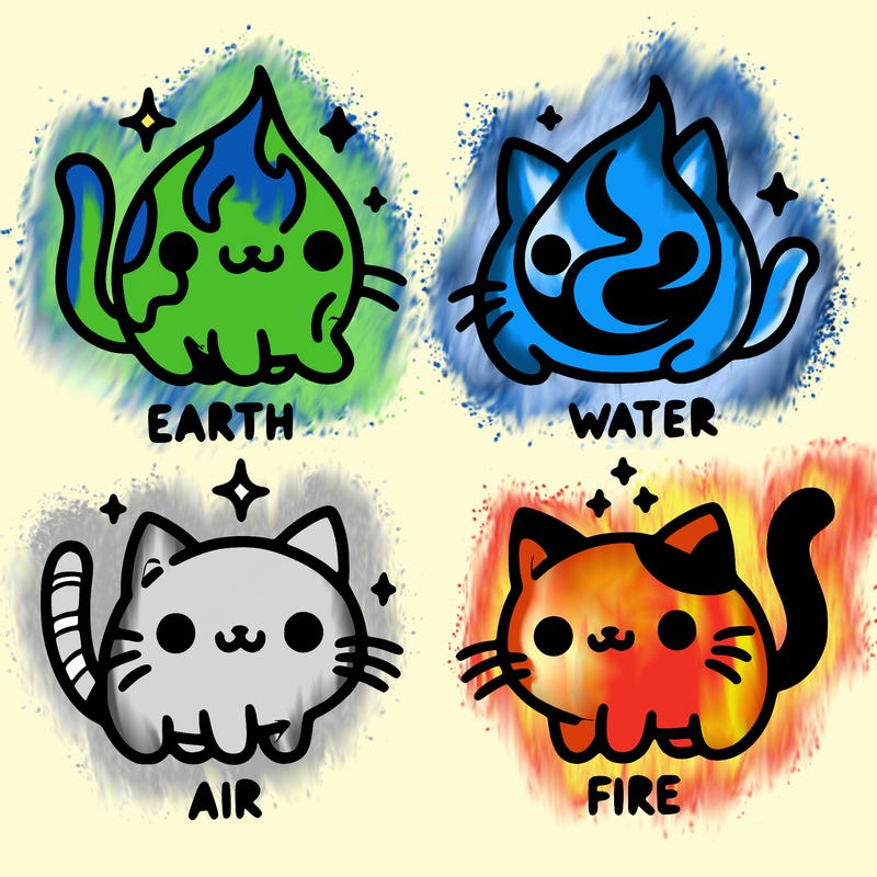 4 cats that represent the different elements, earth, water, air, and fire