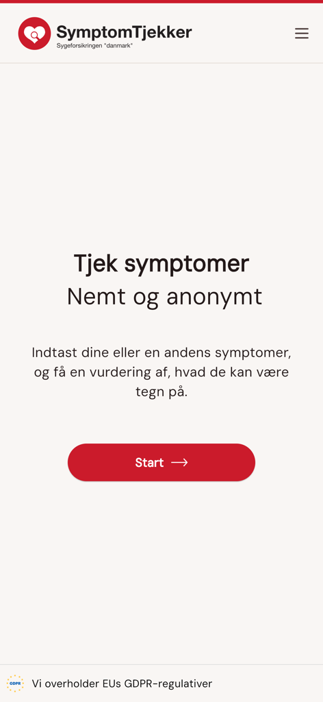 Écran d'accueil de l'application mobile SymptomTjekker avec un bouton de démarrage pour vérifier les symptômes de manière anonyme